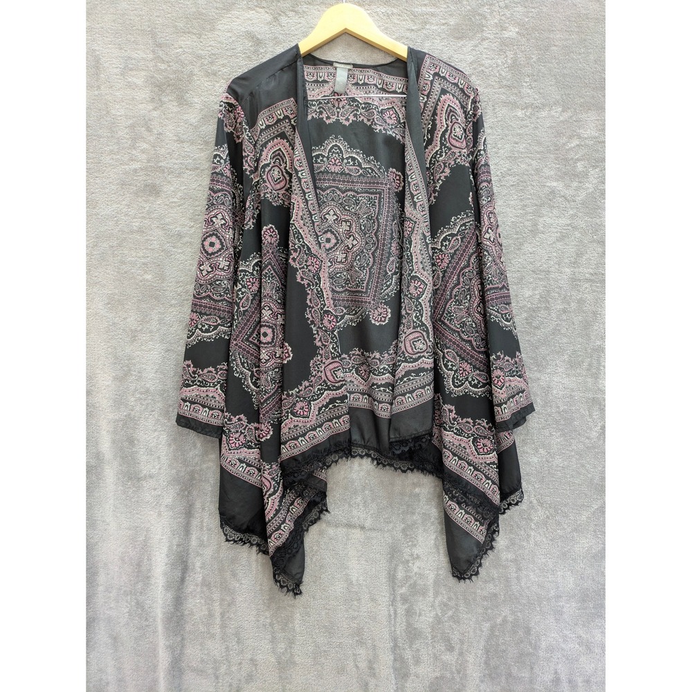 Boho Kimono Cardigan Women 2X Paisley Lace Trim Open Front Black Pink Wrap